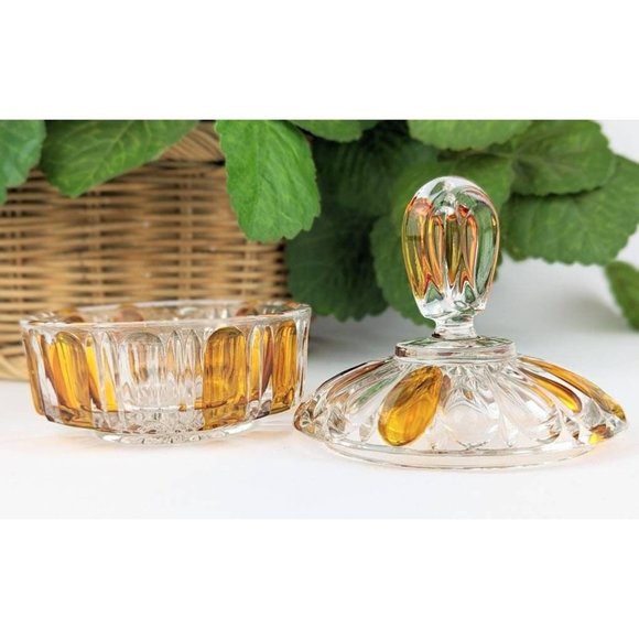 Vintage Amber Flashed Glass Trinket Dish with Lid Cut Glass Lidded Bowl - Picture 3 of 9